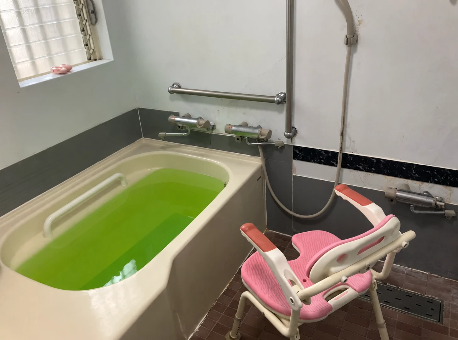手すりとシャワーチェアを備えた一人ずつ入れる浴室